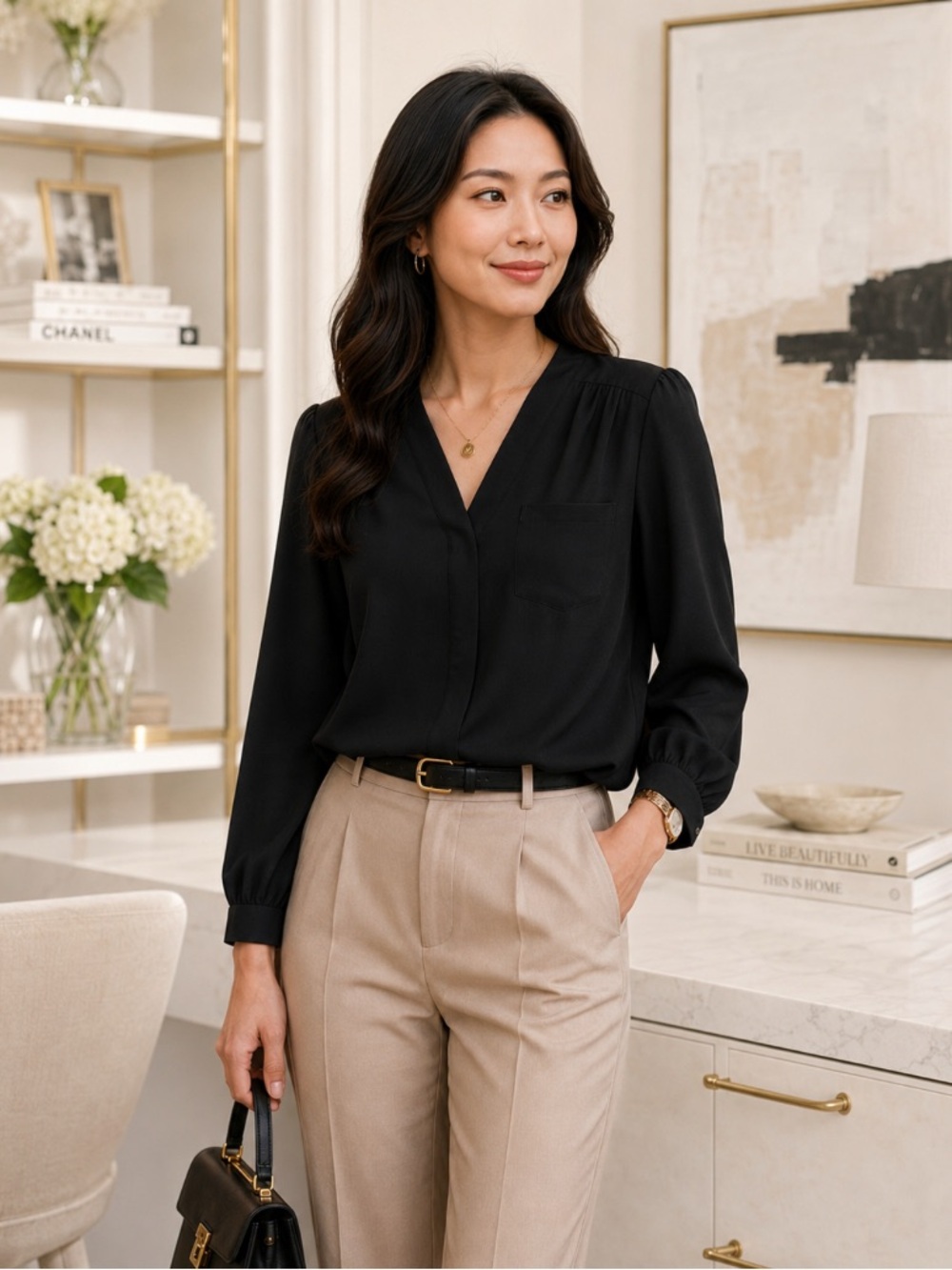 ASOS Black V-Neck Long Sleeve Blouse